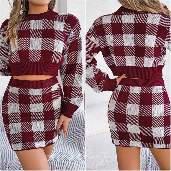 (Out Of Stock) Blue Plaid Top and Skirt Sweater Set - Picture 7 of 8